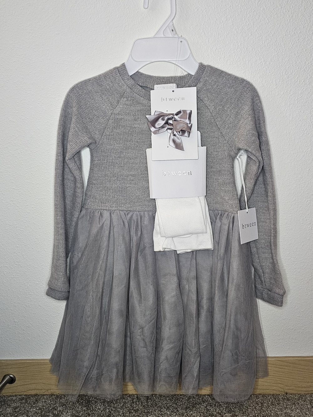 Between Girls' Gray Tulle Knit Dress with Bow Detail